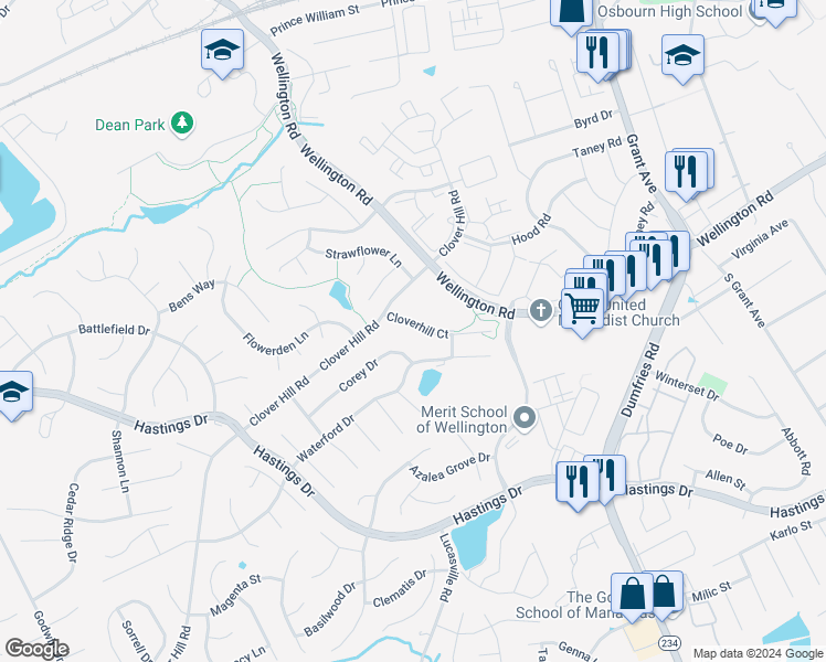 map of restaurants, bars, coffee shops, grocery stores, and more near 9411 Cloverhill Court in Manassas