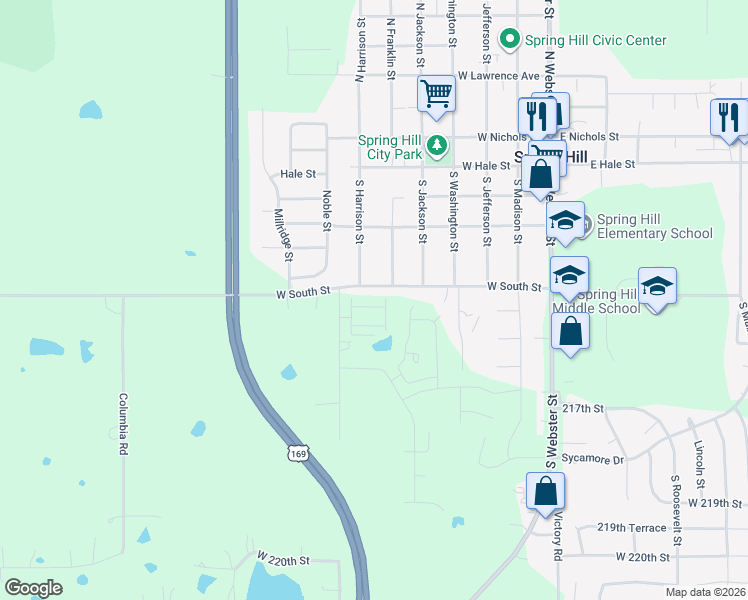 map of restaurants, bars, coffee shops, grocery stores, and more near 510 South Harrison Street in Spring Hill