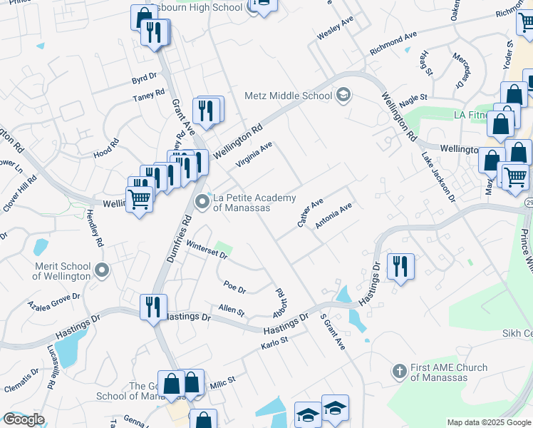 map of restaurants, bars, coffee shops, grocery stores, and more near 8999 Meadowview Drive in Manassas