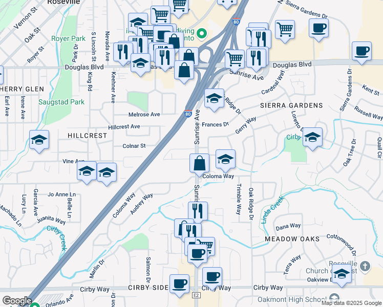 map of restaurants, bars, coffee shops, grocery stores, and more near 411 Sunrise Avenue in Roseville