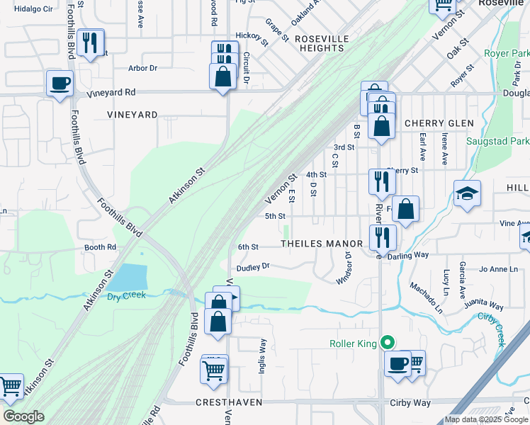 map of restaurants, bars, coffee shops, grocery stores, and more near 1427 Vernon Street in Roseville