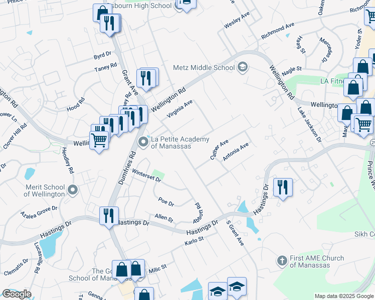 map of restaurants, bars, coffee shops, grocery stores, and more near 8999 Meadowview Drive in Manassas