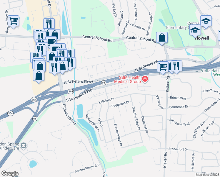 map of restaurants, bars, coffee shops, grocery stores, and more near 611 Grand Ridge Court in St. Peters