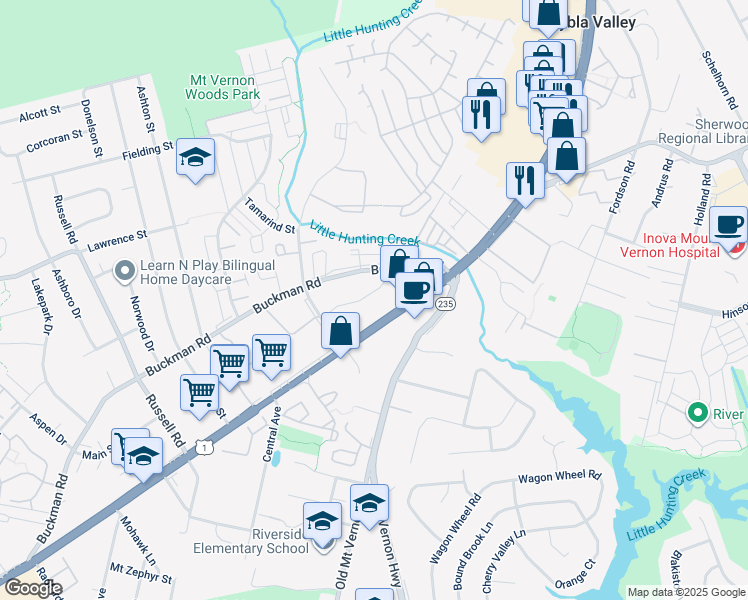 map of restaurants, bars, coffee shops, grocery stores, and more near 3509 Rolling Hills Avenue in Alexandria