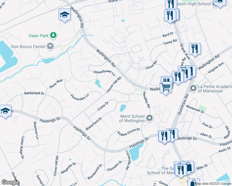 map of restaurants, bars, coffee shops, grocery stores, and more near 9413 Cloverhill Court in Manassas