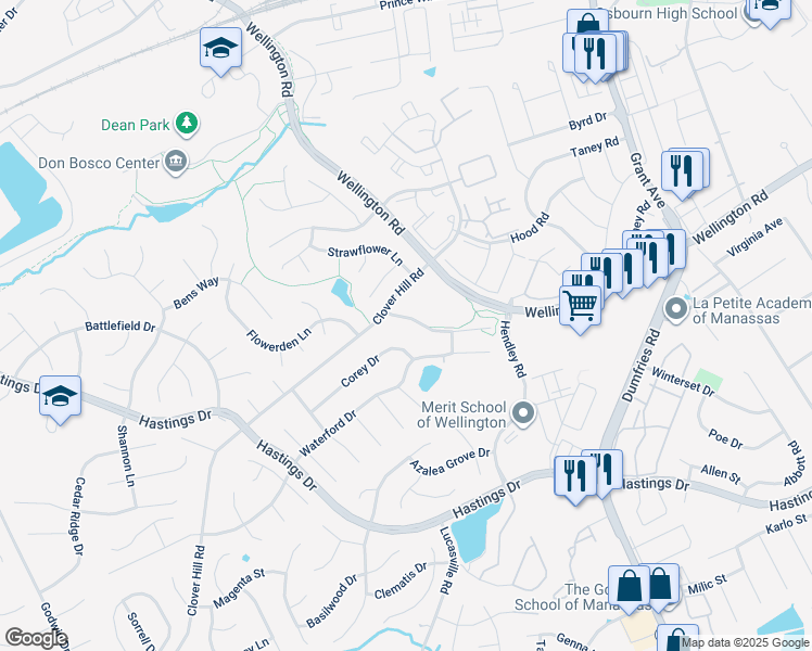 map of restaurants, bars, coffee shops, grocery stores, and more near 9413 Cloverhill Court in Manassas