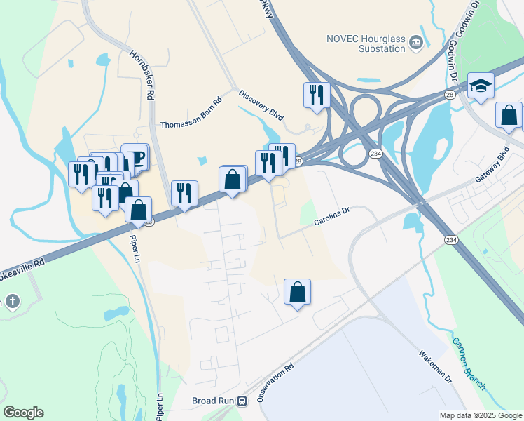 map of restaurants, bars, coffee shops, grocery stores, and more near 10000 Pennsylvania Avenue in Manassas