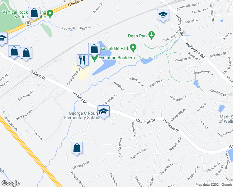 map of restaurants, bars, coffee shops, grocery stores, and more near 10106 Holland Court in Manassas