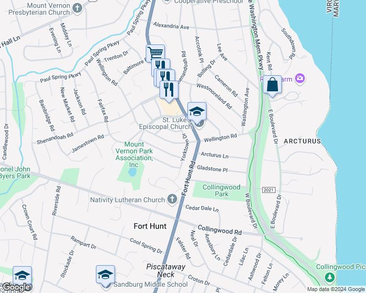 map of restaurants, bars, coffee shops, grocery stores, and more near 8044 Wellington Road in Alexandria