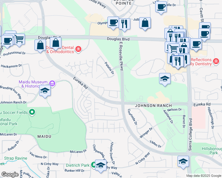 map of restaurants, bars, coffee shops, grocery stores, and more near 2207 Broadstone Drive in Roseville