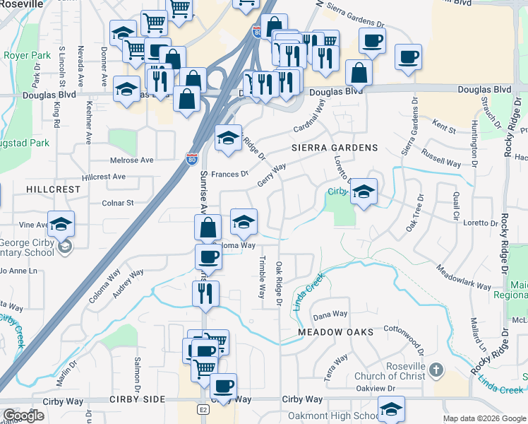 map of restaurants, bars, coffee shops, grocery stores, and more near 1238 Palm Avenue in Roseville