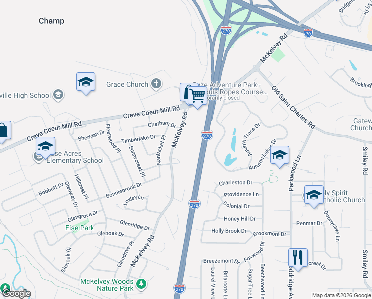 map of restaurants, bars, coffee shops, grocery stores, and more near 12186 McKelvey Road in Maryland Heights