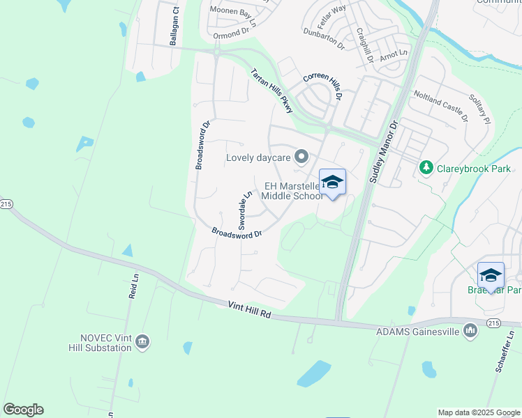 map of restaurants, bars, coffee shops, grocery stores, and more near 9800 Canmore Way in Bristow