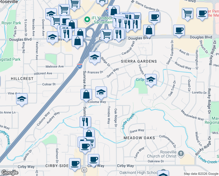 map of restaurants, bars, coffee shops, grocery stores, and more near 1238 Palm Avenue in Roseville