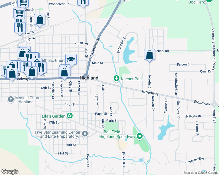 map of restaurants, bars, coffee shops, grocery stores, and more near 1729 Broadway in Highland