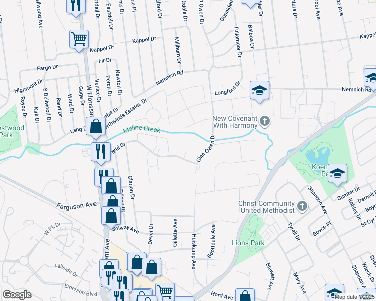 map of restaurants, bars, coffee shops, grocery stores, and more near 9543 Huiskamp Avenue in St. Louis