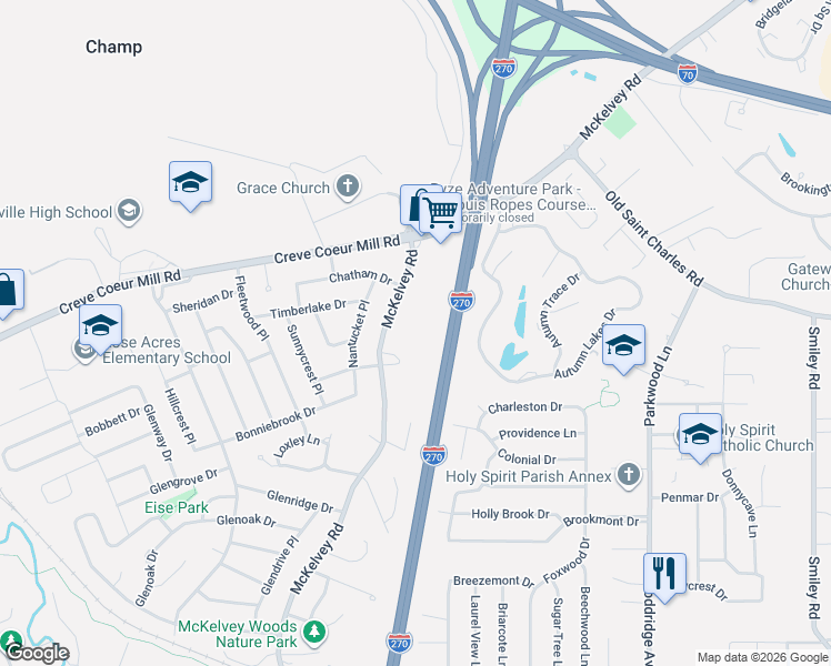 map of restaurants, bars, coffee shops, grocery stores, and more near 12186 McKelvey Road in Maryland Heights
