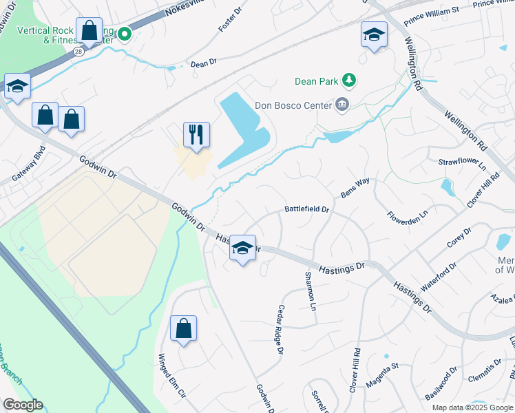 map of restaurants, bars, coffee shops, grocery stores, and more near 10101 Holland Court in Manassas