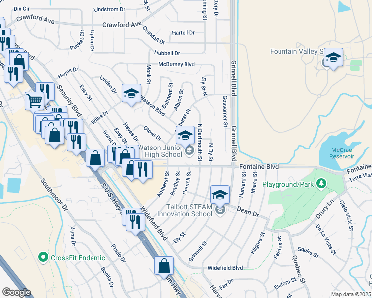 map of restaurants, bars, coffee shops, grocery stores, and more near 136 Fontaine Boulevard in Colorado Springs