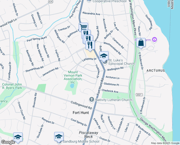 map of restaurants, bars, coffee shops, grocery stores, and more near 8034 Wellington Road in Alexandria