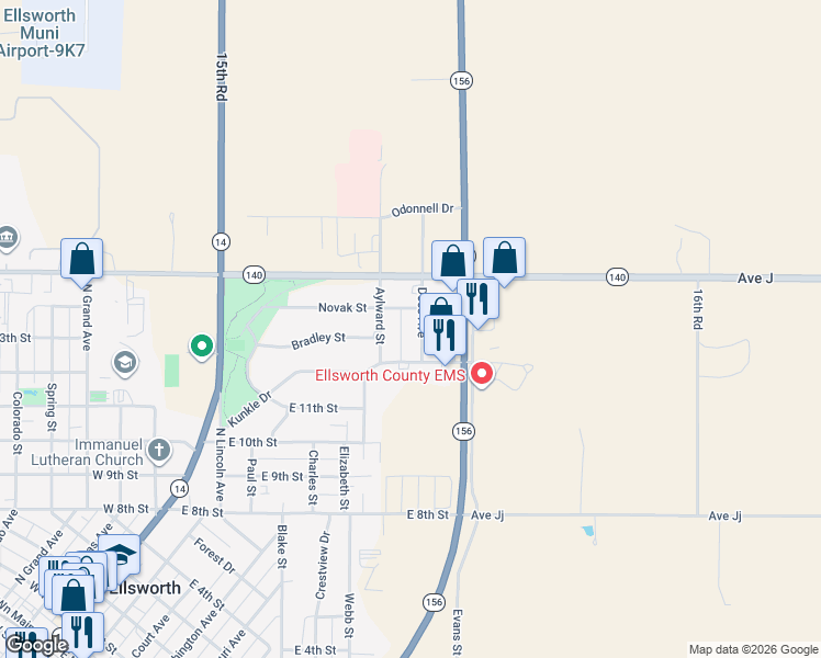 map of restaurants, bars, coffee shops, grocery stores, and more near 1200 Dees Avenue in Ellsworth
