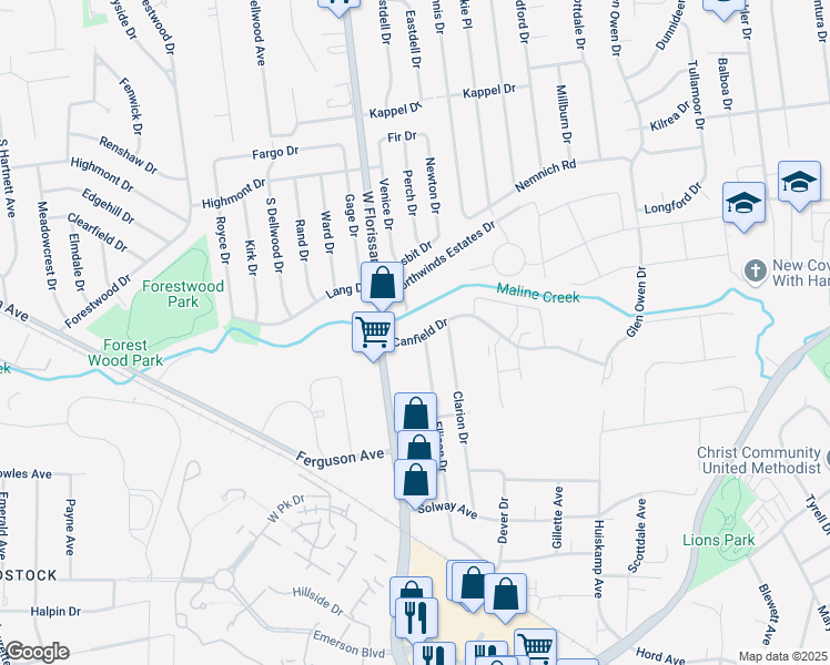 map of restaurants, bars, coffee shops, grocery stores, and more near 3101 Canfield Drive in St. Louis