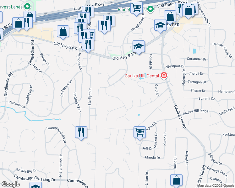 map of restaurants, bars, coffee shops, grocery stores, and more near 7 Woodstone Court in Saint Charles