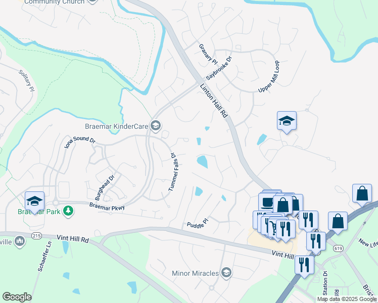 map of restaurants, bars, coffee shops, grocery stores, and more near 12150 Hayfield Court in Bristow