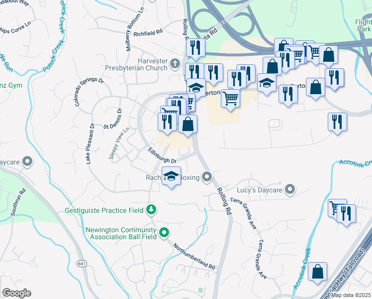 map of restaurants, bars, coffee shops, grocery stores, and more near 8066 Dulciana Court in Springfield