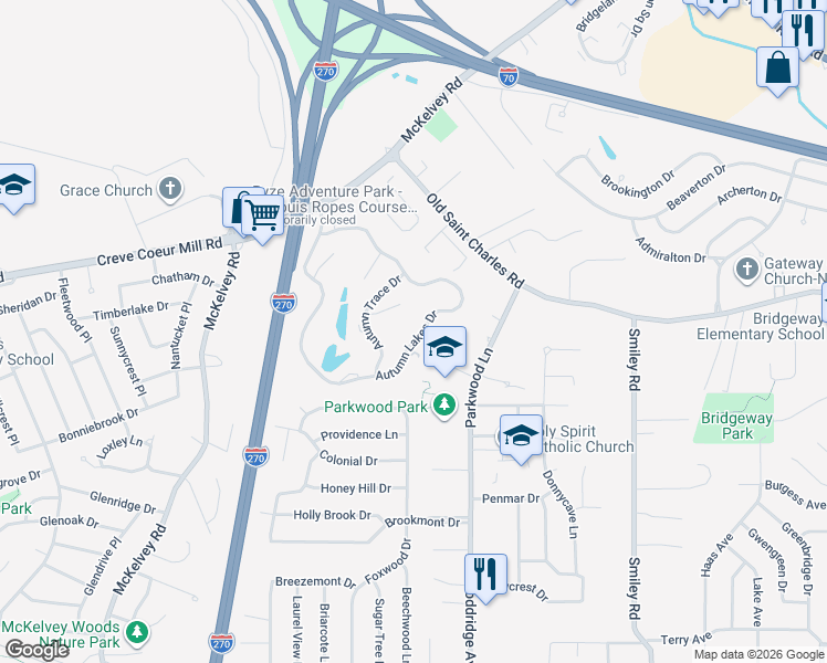 map of restaurants, bars, coffee shops, grocery stores, and more near 11956 Autumn Lakes Drive in Maryland Heights