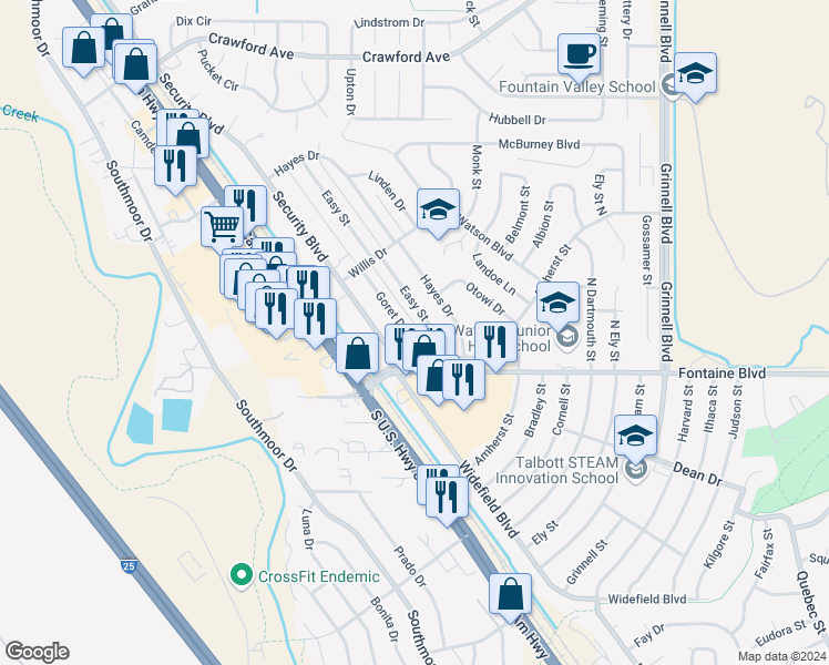 map of restaurants, bars, coffee shops, grocery stores, and more near 42 Easy Street in Colorado Springs