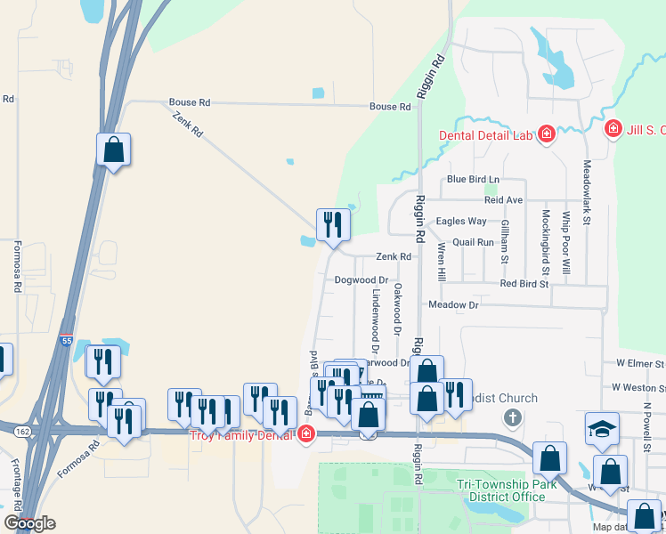 map of restaurants, bars, coffee shops, grocery stores, and more near 526 Zenk Road in Troy