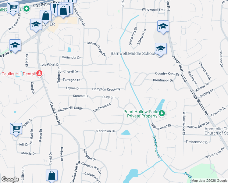 map of restaurants, bars, coffee shops, grocery stores, and more near 3315 Hampton Crossing in Saint Charles