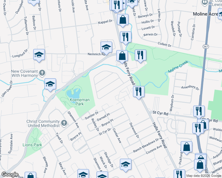 map of restaurants, bars, coffee shops, grocery stores, and more near 2050 Wilbert Drive in St. Louis