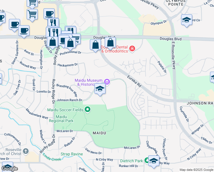 map of restaurants, bars, coffee shops, grocery stores, and more near 1970 Johnson Ranch Drive in Roseville