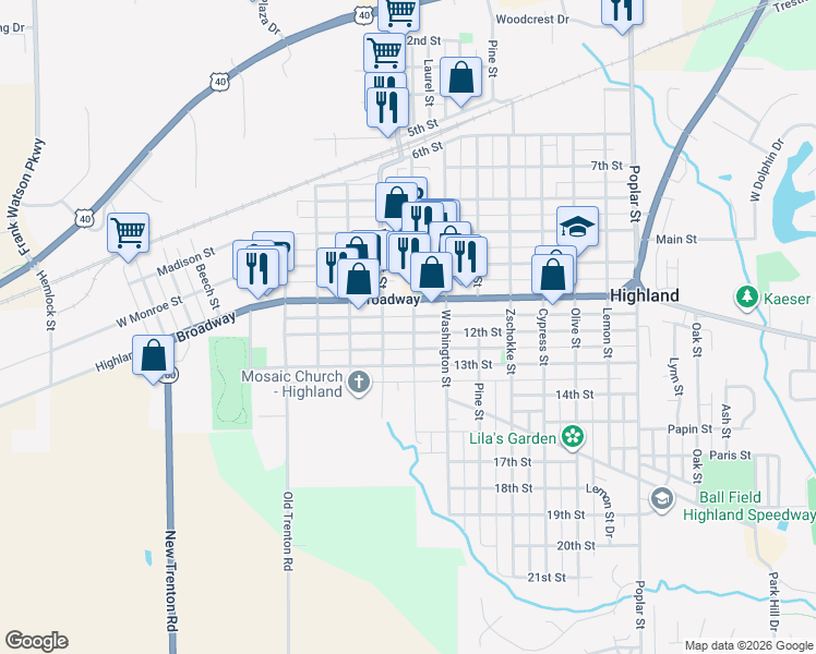 map of restaurants, bars, coffee shops, grocery stores, and more near 822 Broadway in Highland