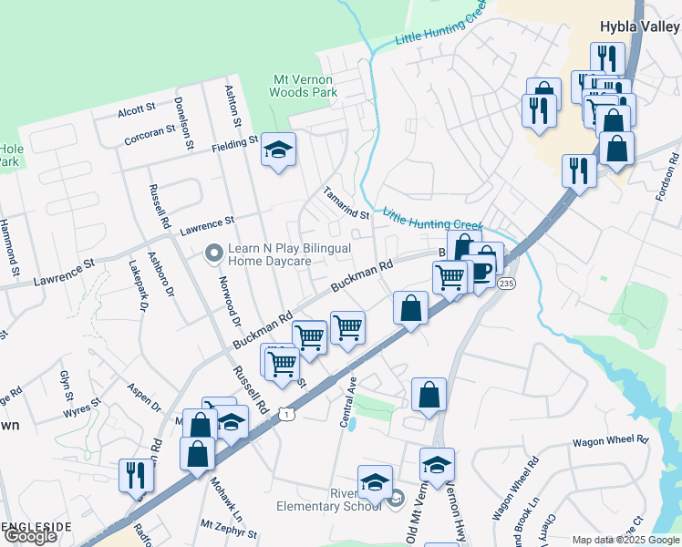 map of restaurants, bars, coffee shops, grocery stores, and more near 3885 El Camino Place in Alexandria