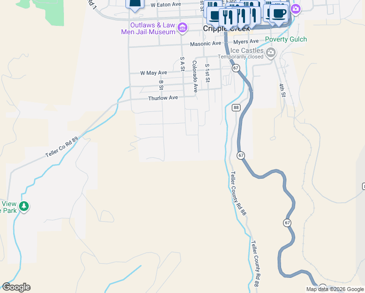 map of restaurants, bars, coffee shops, grocery stores, and more near 138 West Womack in Cripple Creek
