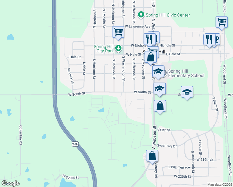 map of restaurants, bars, coffee shops, grocery stores, and more near 409 West South Street in Spring Hill