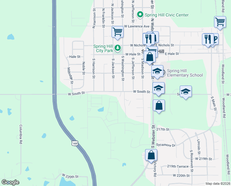 map of restaurants, bars, coffee shops, grocery stores, and more near 409 West South Street in Spring Hill