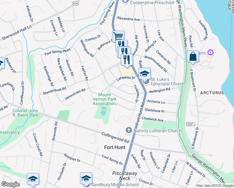 map of restaurants, bars, coffee shops, grocery stores, and more near 8021 Washington Road in Alexandria