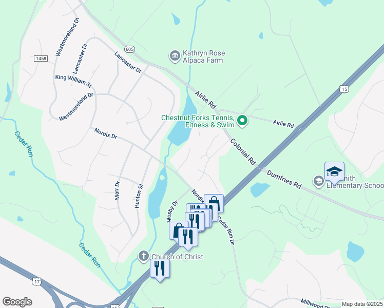 map of restaurants, bars, coffee shops, grocery stores, and more near 7213 Princess Anne Court in Warrenton