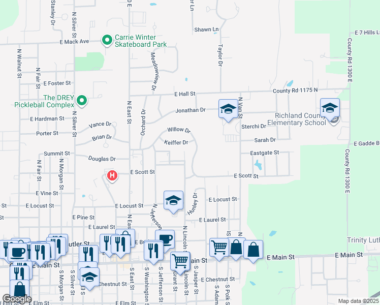 map of restaurants, bars, coffee shops, grocery stores, and more near 1-1199 Keiffer Drive in Olney