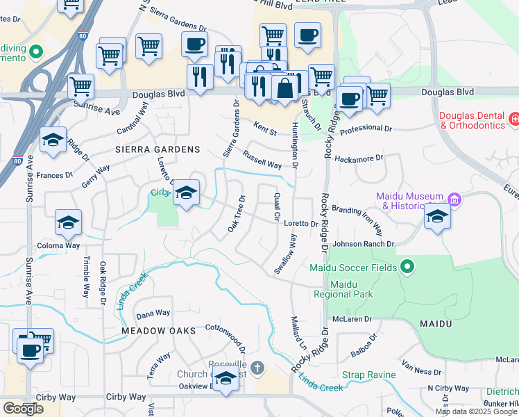 map of restaurants, bars, coffee shops, grocery stores, and more near 1604 Oak Tree Drive in Roseville