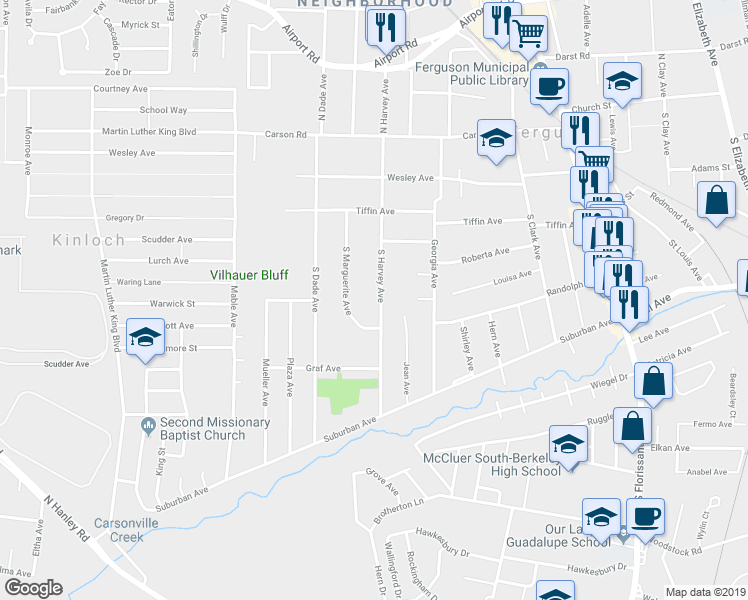map of restaurants, bars, coffee shops, grocery stores, and more near 253 South Harvey Avenue in Ferguson
