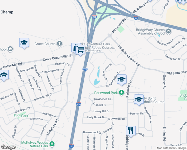 map of restaurants, bars, coffee shops, grocery stores, and more near 12126 Autumn Lakes Drive in Maryland Heights