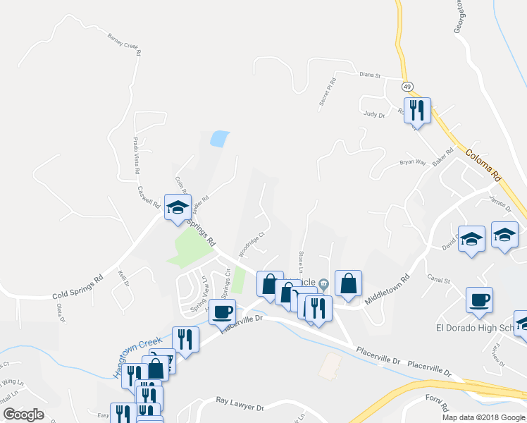 map of restaurants, bars, coffee shops, grocery stores, and more near 2748 Woodridge Court in Placerville