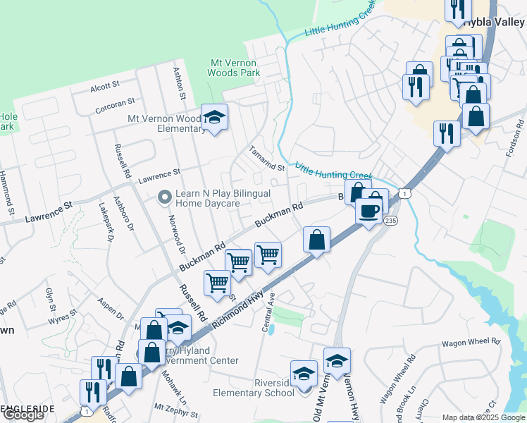 map of restaurants, bars, coffee shops, grocery stores, and more near 3885 El Camino Place in Alexandria