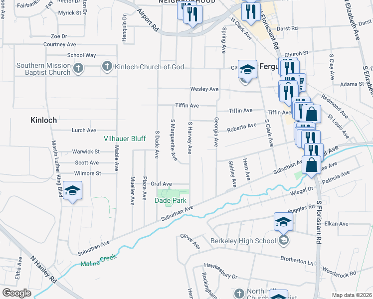 map of restaurants, bars, coffee shops, grocery stores, and more near 253 South Harvey Avenue in Ferguson