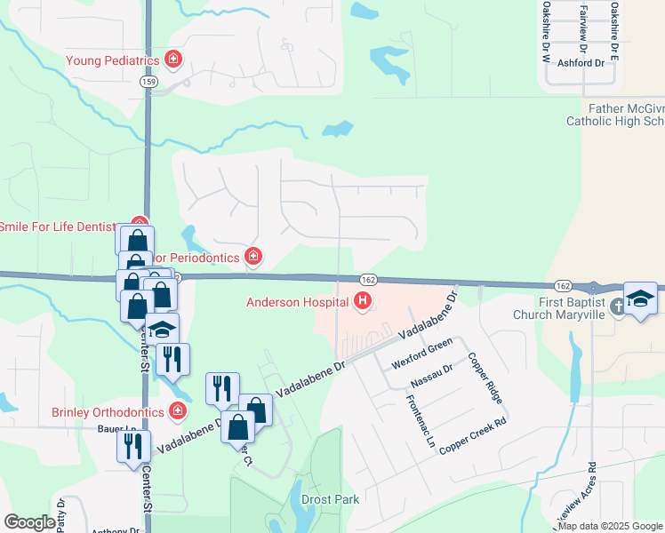 map of restaurants, bars, coffee shops, grocery stores, and more near 6789 Illinois 162 in Maryville